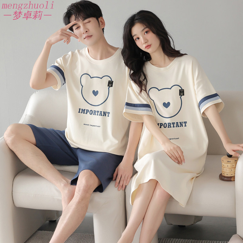 情侣睡衣夏季纯棉短袖薄款睡裙卡通可爱男女2023新款可外穿家居服