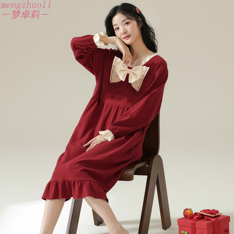 春秋季睡裙女纯棉长袖红色结婚甜美本命年2024龙年睡衣家居服秋冬