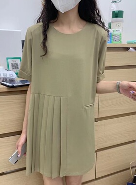 MOOTEA短袖百褶连衣裙时尚夏装新款韩范小个子圆领宽松休闲短裙子