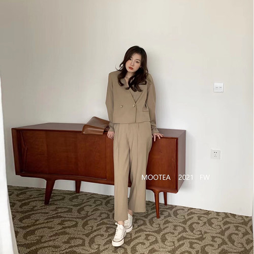 西装套装mootea纯色直筒裤