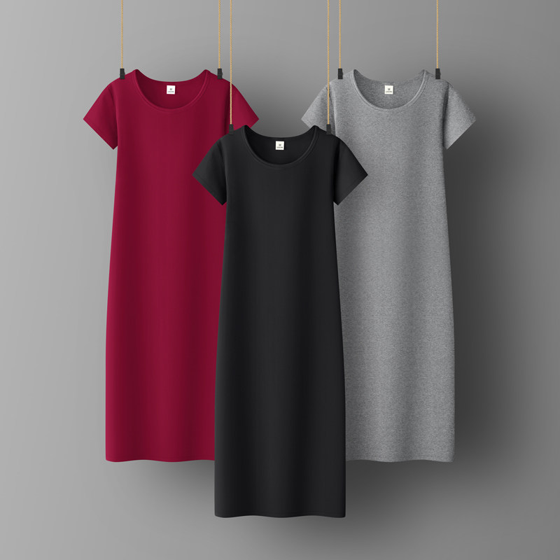 黑色短袖连衣裙百搭显瘦气质红色紧身中长款内搭高级感打底裙女夏