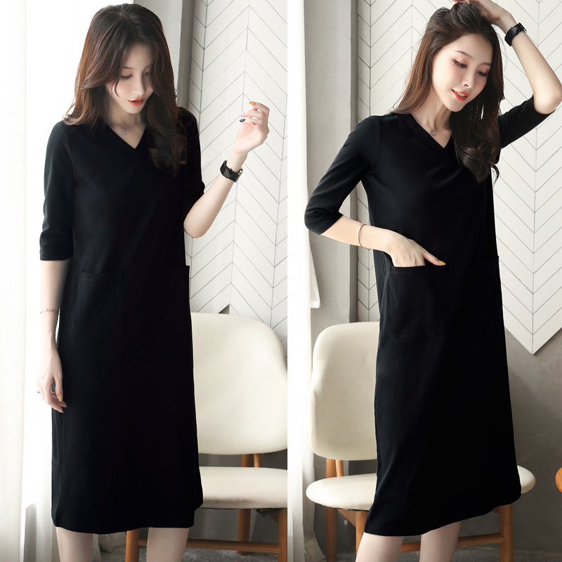 黑色中袖气质宽松v领有口袋的连衣裙短袖内搭中长款显瘦打底裙夏