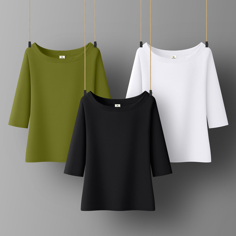 半圆领中袖T恤女黑色短款修身七分袖春秋打底衫白色半袖体恤上衣