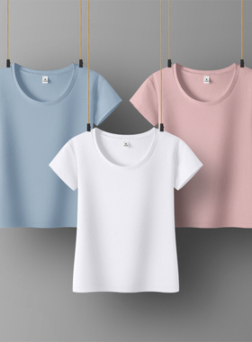 纯色短袖t恤女打底衫白色紧身体恤圆领棉质夏季显瘦内搭修身上衣