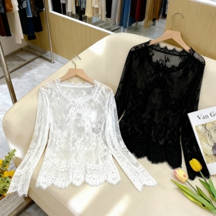 圆领镂空叠穿气质长袖 法式 时尚 女士高级感春秋新款 上衣 白色蕾丝衫