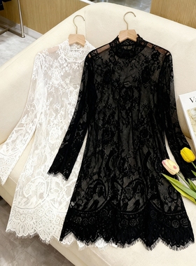 半高领蕾丝网纱打底衫内搭独特别致花边透明叠穿上衣女轻奢高级感