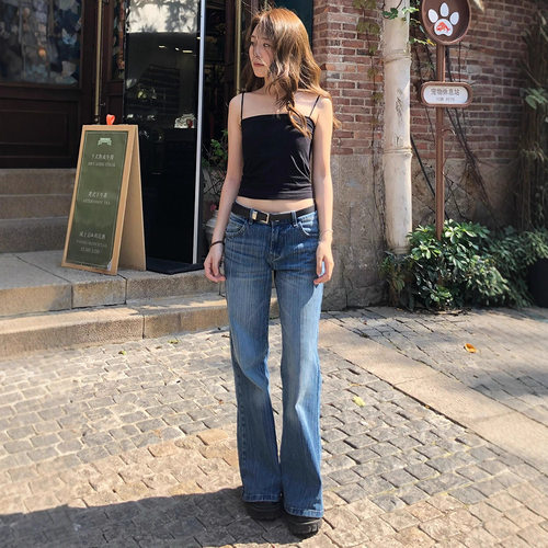 深蓝竹节纹复古微喇牛仔裤女2026春秋季新款不贴腿宽松阔腿直筒裤
