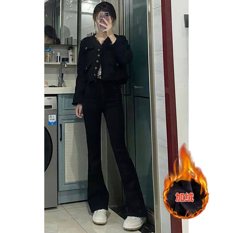 黑色微喇叭加绒牛仔裤女秋冬季高腰喇叭裤弹力修身显瘦直筒马蹄裤