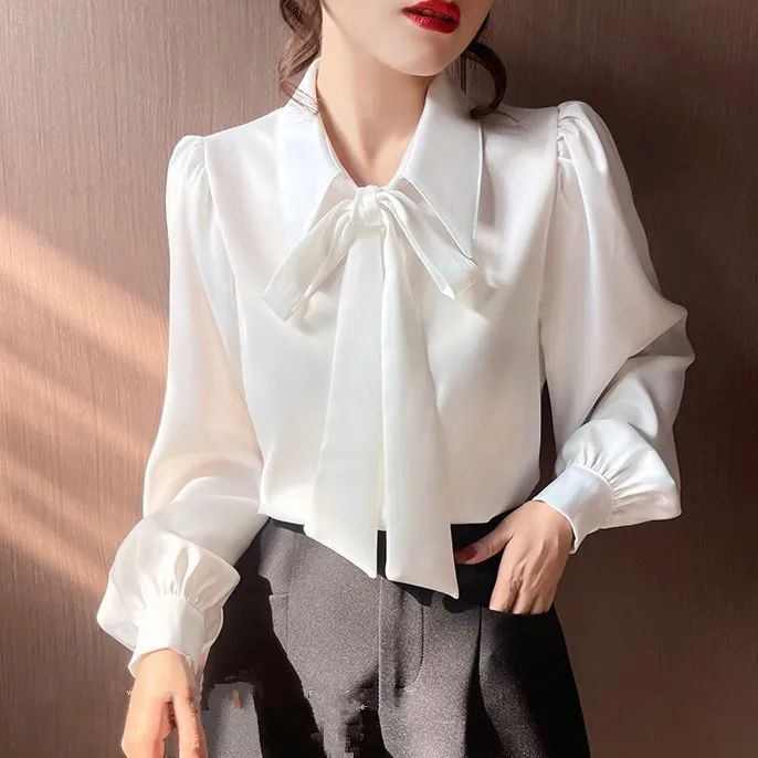 蝴蝶结雪纺衬衫女秋冬女装法式漂亮小衫长袖女士衬衫内搭白色