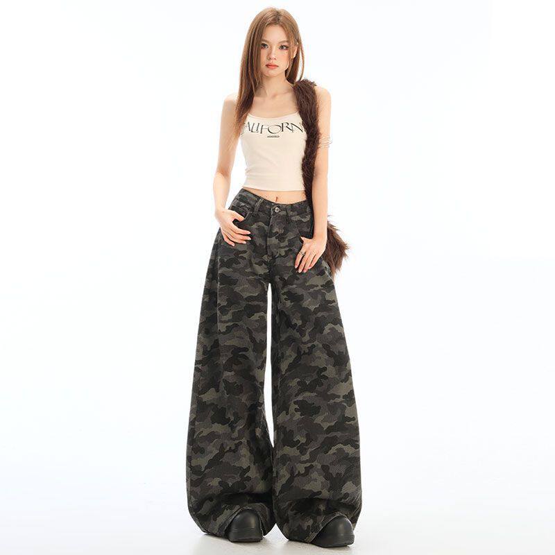 美式高街工装阔腿牛仔迷彩裤女小个子2025新款高腰显瘦宽松直