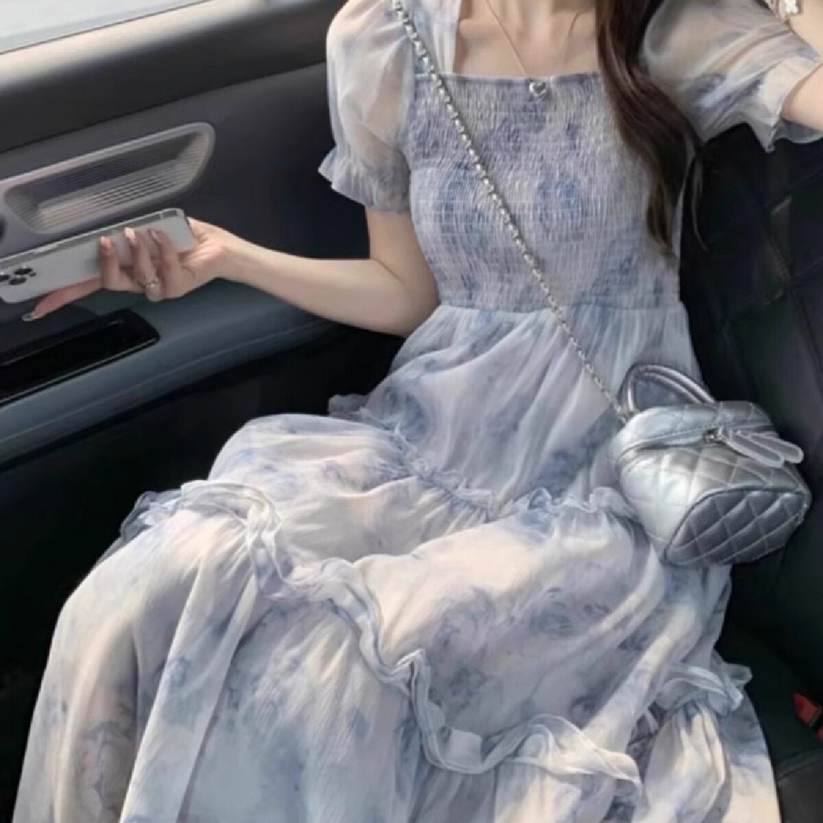法式森系超仙泡泡袖连衣裙女夏季大码胖mm温柔风显瘦雪纺公主裙子