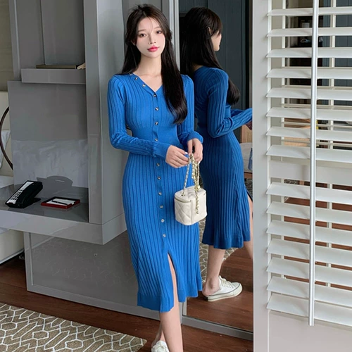 TikTok, синий корсет, трикотажное осеннее платье