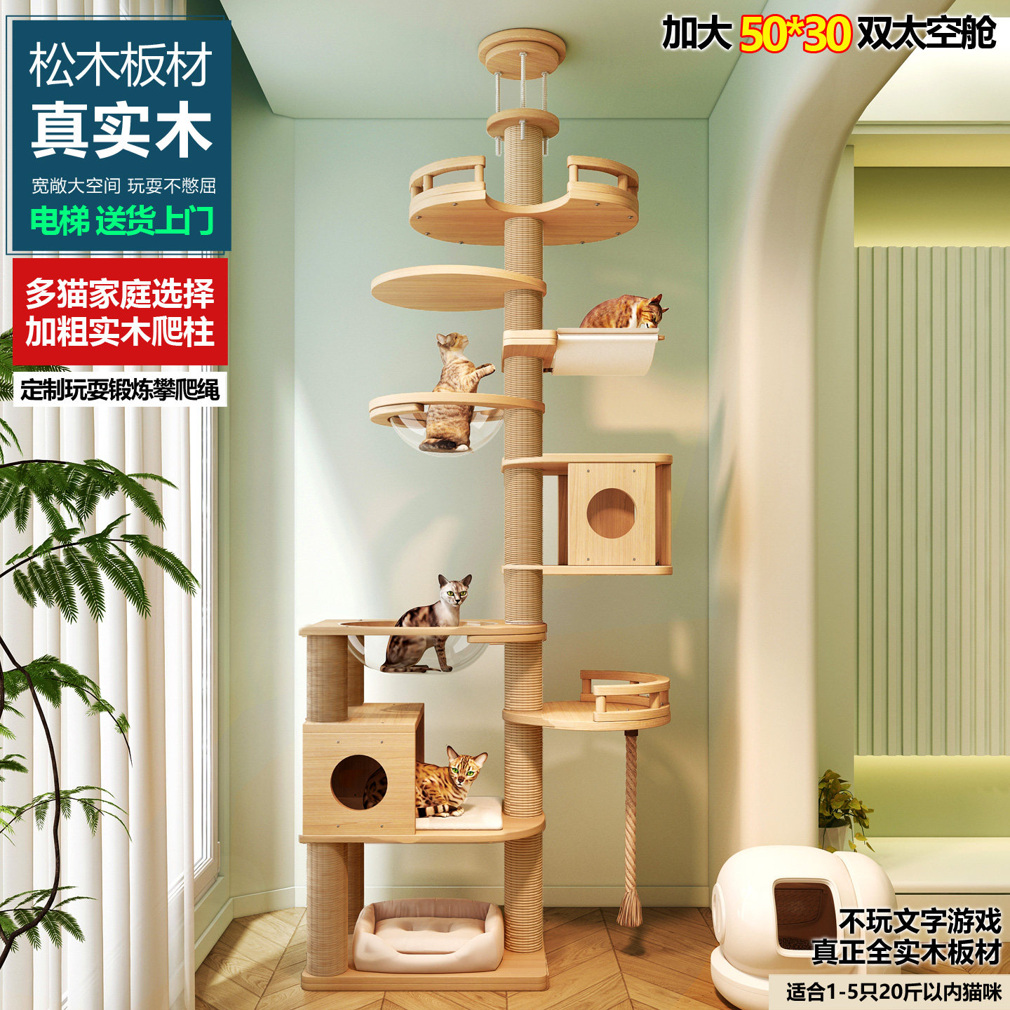 全实木猫爬架通天柱猫树一体高层大型猫爬架加大太空舱顶天猫树图片