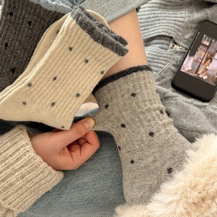 花边袜子秋冬季 女中筒温柔波点百搭秋冬百搭中长复古堆堆宽口外搭