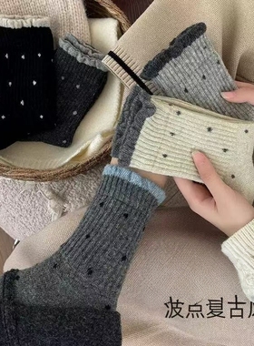 波点花边袜子女士灰色冬季加厚2025新款爆款保暖中筒堆堆中筒女袜
