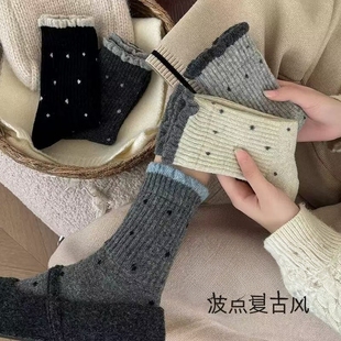 保暖中筒堆堆中筒女袜 爆款 波点花边袜子女士灰色冬季 加厚2025新款