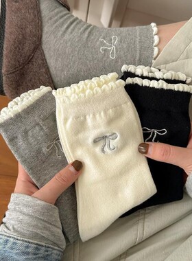 2025新款 miu风蝴蝶结袜子女中筒袜春秋夏季日系可爱花边长袜