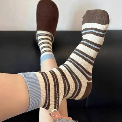 条纹袜子女款春秋新款撞色堆堆袜韩系多巴胺勃肯鞋个性小众中筒袜