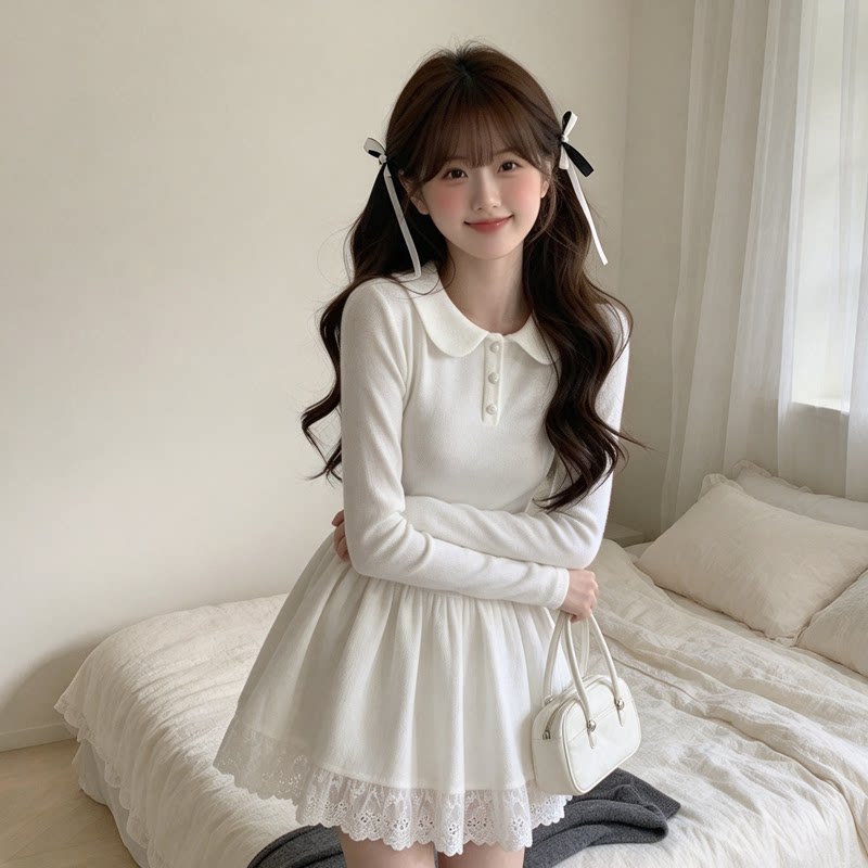 秋冬德绒娃娃领蕾丝小个子连衣裙