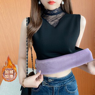 显瘦内搭吊带打底背心 高领蕾丝拼接加绒保暖背心女士修身 韩版 冬款