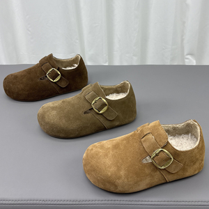 真皮加绒勃肯鞋女2025冬季新款圆头保暖舒适百搭时尚厚底豆豆棉鞋