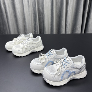 休闲透气牛皮运动鞋 圆头厚底薄款 潮 女2026春夏新款 真皮网面阿甘鞋