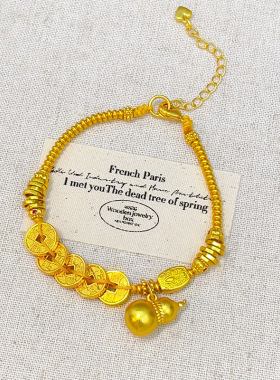 新中式古法沙金五帝钱拉丝葫芦盘缠手串福禄复古风百搭感手链