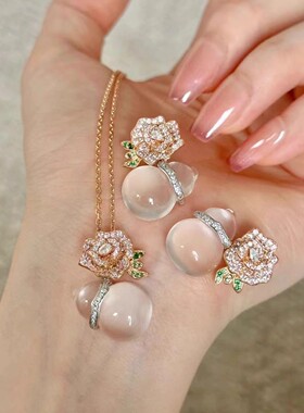 高级感粉色锆石花朵项链耳饰套装葫芦吊坠小众设计新中式国风颈链