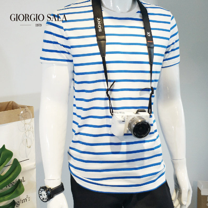 giorgio sala2019 summer fashion stripe Bluish white Metrosexual man Short sleeved Simplicity Youth T-shirtin the Men's clothing, T-shirt  category - from Buy2taobao.com to provide professional Taobao agent buy service