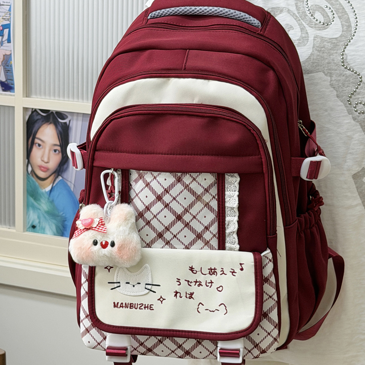 学院风红色书包初中生女生高颜值校园双肩包小学生女孩大容量背包
