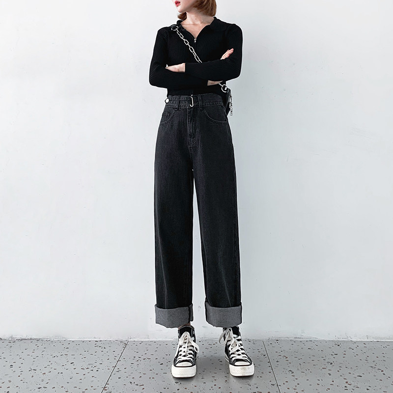 高腰直筒牛仔裤女2020年秋冬新款宽松显瘦黑色今年流行的阔腿裤子