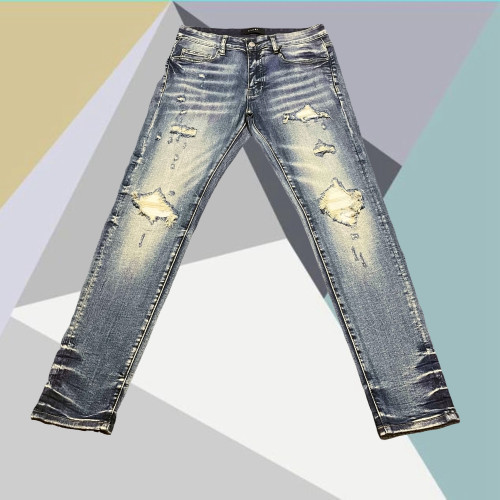 高街AMR牛仔裤假破洞复古做旧