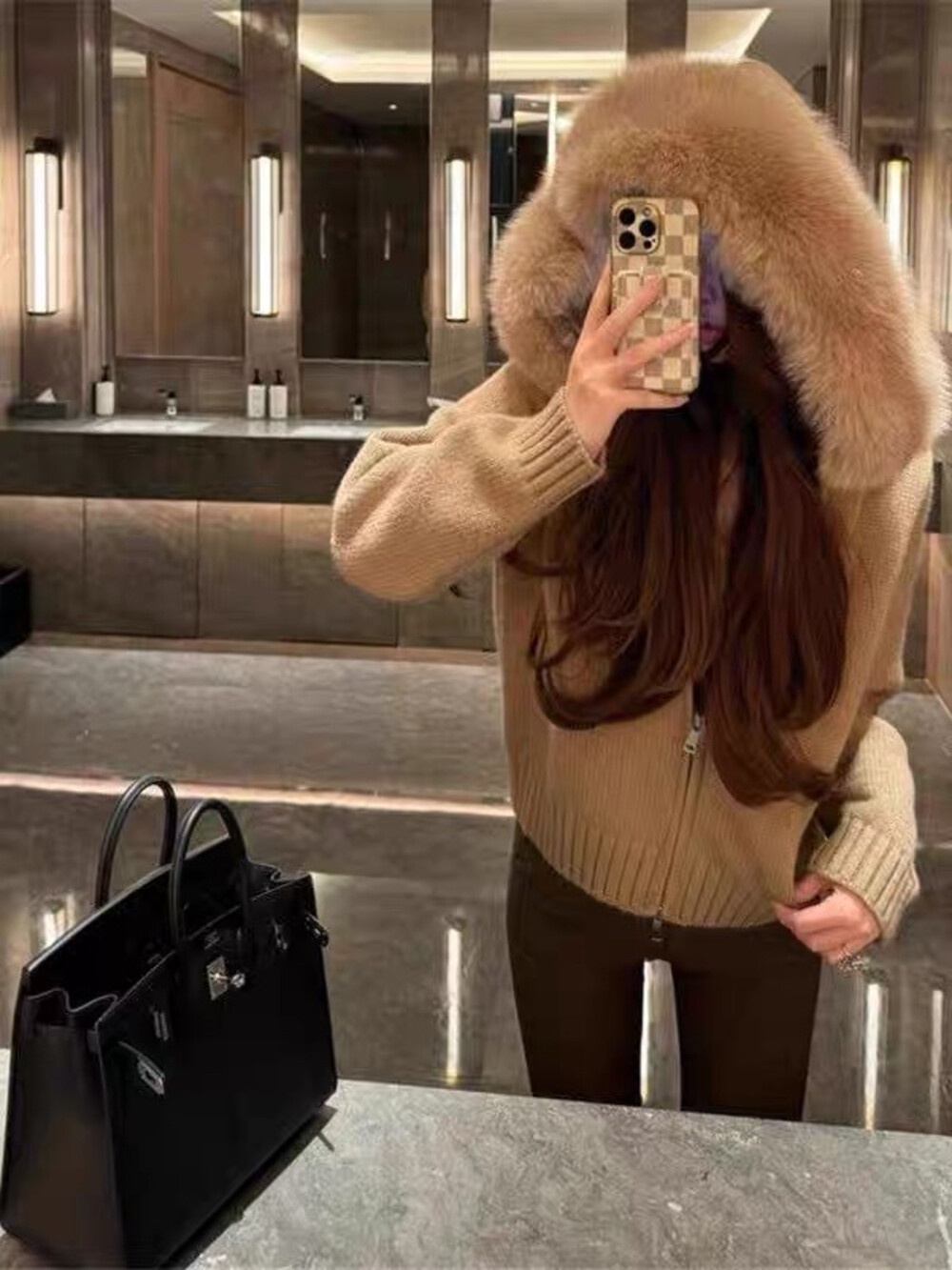 LALA正品2025冬季新款韩版时尚百搭ins连帽毛领宽松保暖毛衣外套