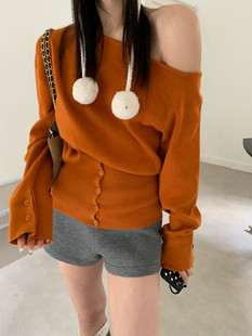 洋气性感纯欲漏肩宽松显瘦针织衫 十三行正品 韩版 新款 上衣 2025秋季