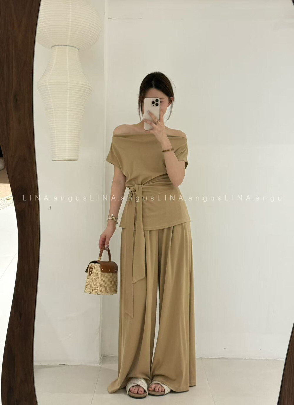 LINA正版2026春夏新款韩版洋气时尚绑带一字肩短袖T恤+休闲裤套装