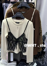 WHT正版2025冬季新款韩版洋气时尚百搭ins拼接蕾丝假两件长袖T恤