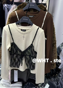 2025冬季 百搭ins拼接蕾丝假两件长袖 新款 洋气时尚 T恤 韩版 WHT正版