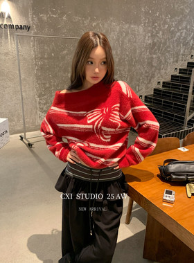 十三行正版2025冬季新款韩系时尚百搭一字肩蝴蝶结图案条纹针织衫