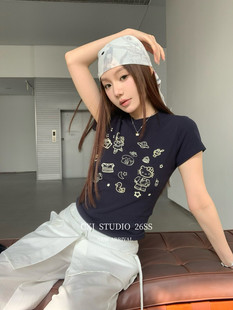 韩版 新款 时尚 美式 T恤 CXI正版 百搭卡通kitty图案印花短袖 2026春季