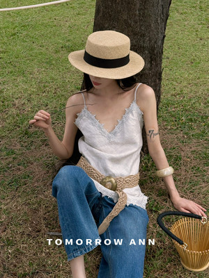 TOMORROW正版2026春季新款时髦蕾丝边纯色无袖背心+蕾丝边休闲裤