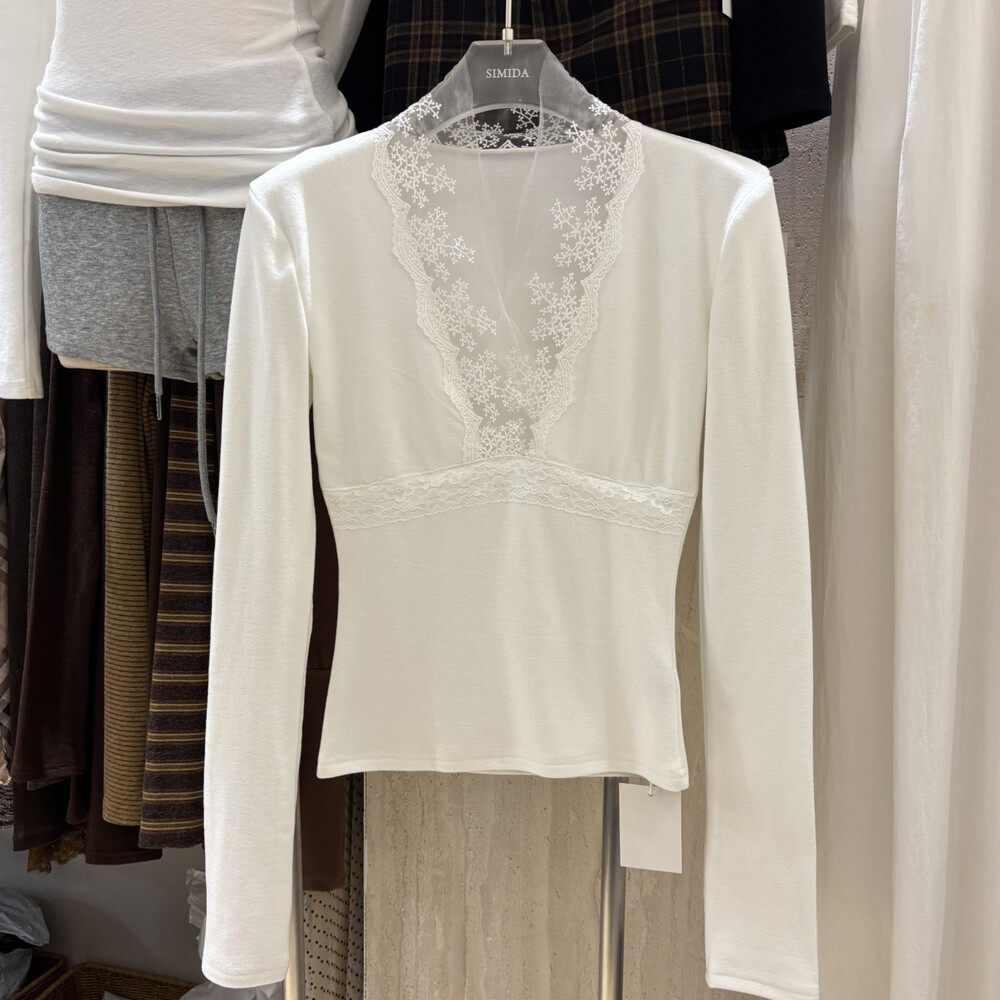Simida正版2025冬季新款韩版洋气小心机V领蕾丝拼接加绒打底衫女