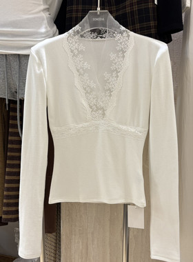 Simida正版2025冬季新款韩版洋气小心机V领蕾丝拼接加绒打底衫女