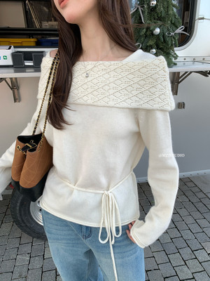 MZI STUDIO正版2025冬季新款韩系时尚法式一字肩收腰针织衫配腰绳