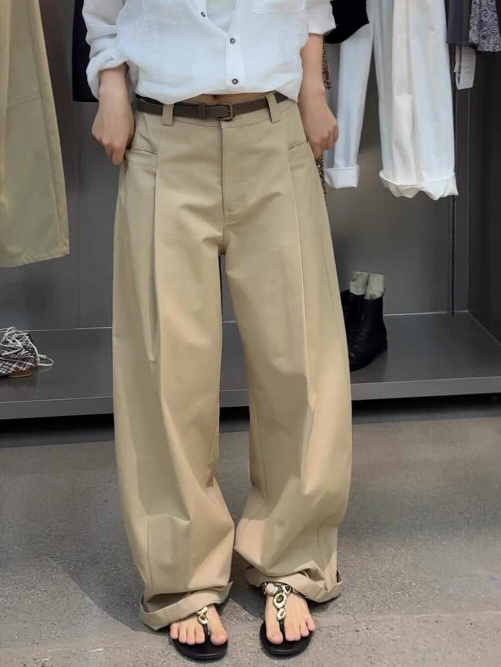 LALA正版2026春夏新款韩版洋气时尚百搭ins窄版纯色休闲裤(配腰带