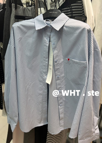 WHT正版2026春夏新款韩版洋气时尚百搭ins格纹爱心口袋刺绣衬衫女