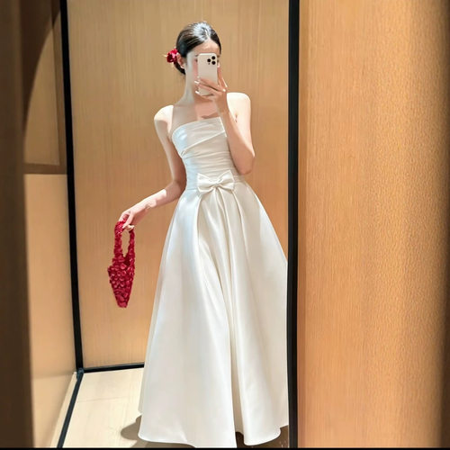 高级定制日韩美少女优雅小众蝴蝶结造型端庄大气抹胸晚礼服裙笙冉