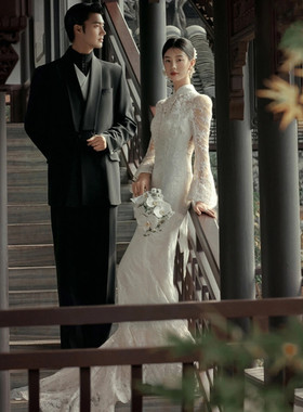 定制民国复古风改良婚纱旅拍简约显瘦蕾丝鱼尾露背迎宾礼服柔诗瞳