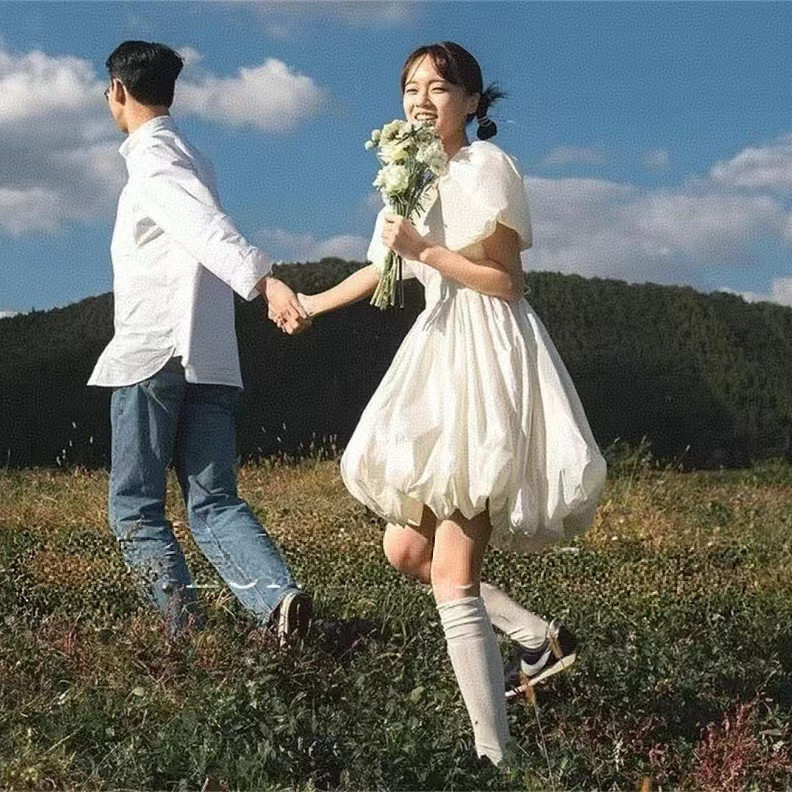 高级定制韩版俏皮可爱甜美泡泡袖少女气质蓬蓬裙小个子轻婚纱笙冉