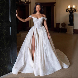 高级定制玛丽苏黑美人女皇气质性感一字肩侧开衩重工奢华婚纱李阳