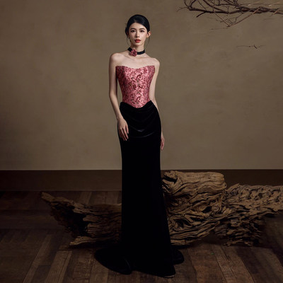 高级定制新中式复古唯美贵妇名媛风性感抹胸晨袍礼服裙敬酒服芬芳